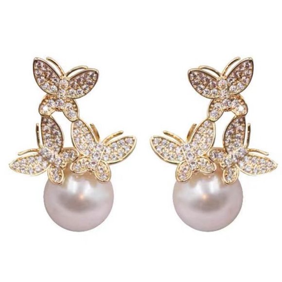 925 Silver Needle Rhinestone Butterfly Pearl Stud Earrings ZB1108200 - Picture 1 of 4